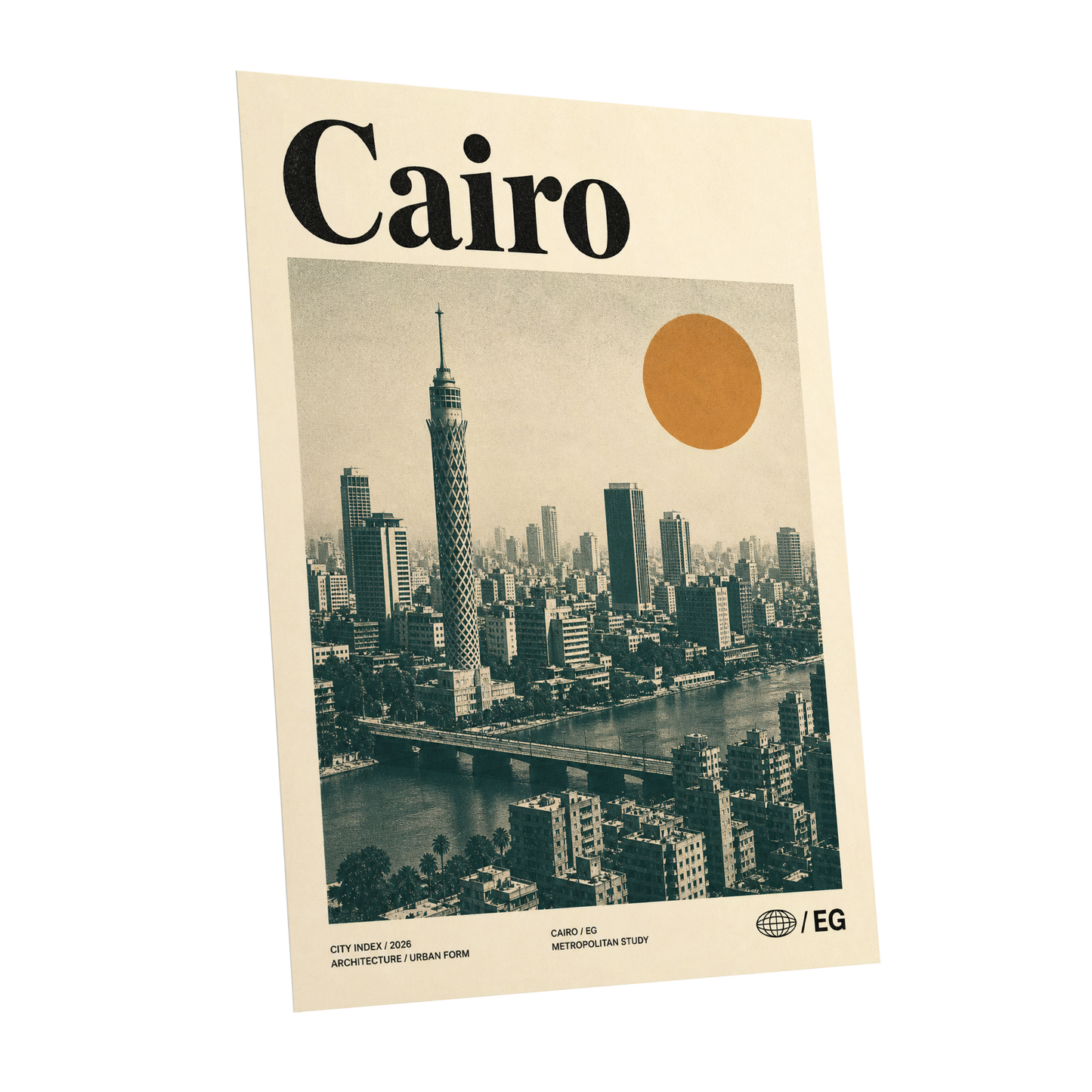 Cairo Modernist Vista, beige, black, orange minimalist wall art shown as a unframed poster wall art print