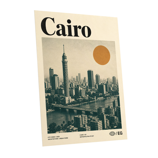 Cairo Modernist Vista, beige, black, orange minimalist wall art shown as a unframed poster wall art print