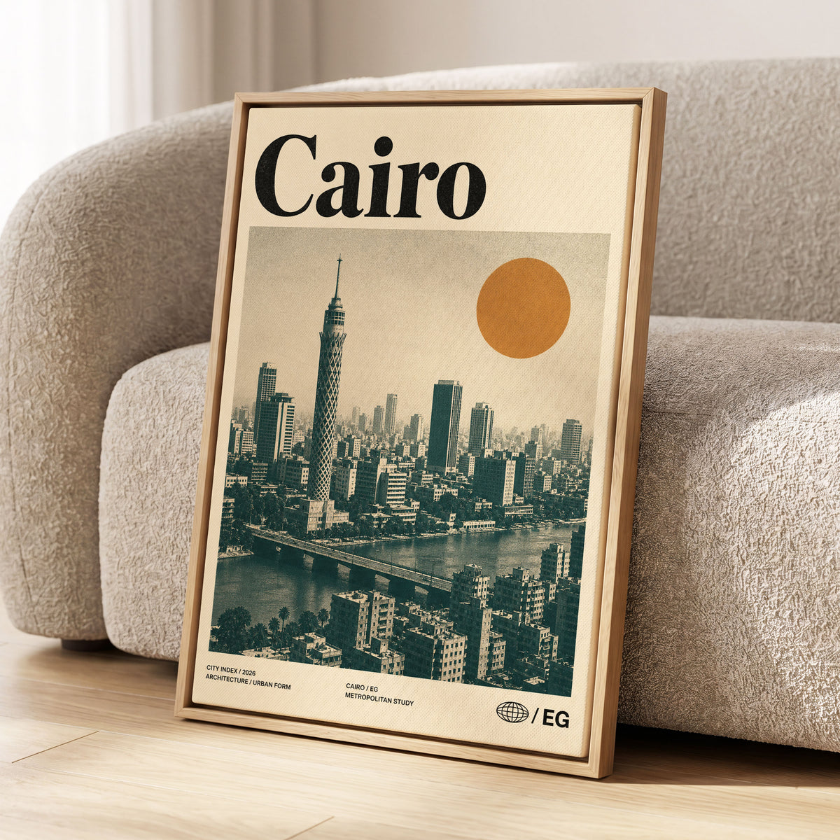 Cairo Modernist Vista, beige, black, orange minimalist wall art displayed in a styled interior, gallery view 1