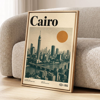 Cairo Modernist Vista, beige, black, orange minimalist wall art displayed in a styled interior, gallery view 1