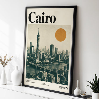 Cairo Modernist Vista, beige, black, orange minimalist wall art displayed in a styled interior, gallery view 2