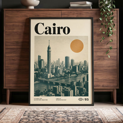 Cairo Modernist Vista, beige, black, orange minimalist wall art displayed in a styled interior, gallery view 4