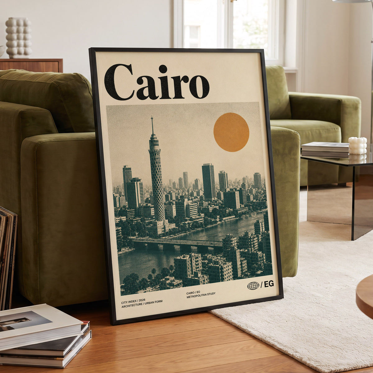 Cairo Modernist Vista, beige, black, orange minimalist wall art displayed in a styled interior, gallery view 6