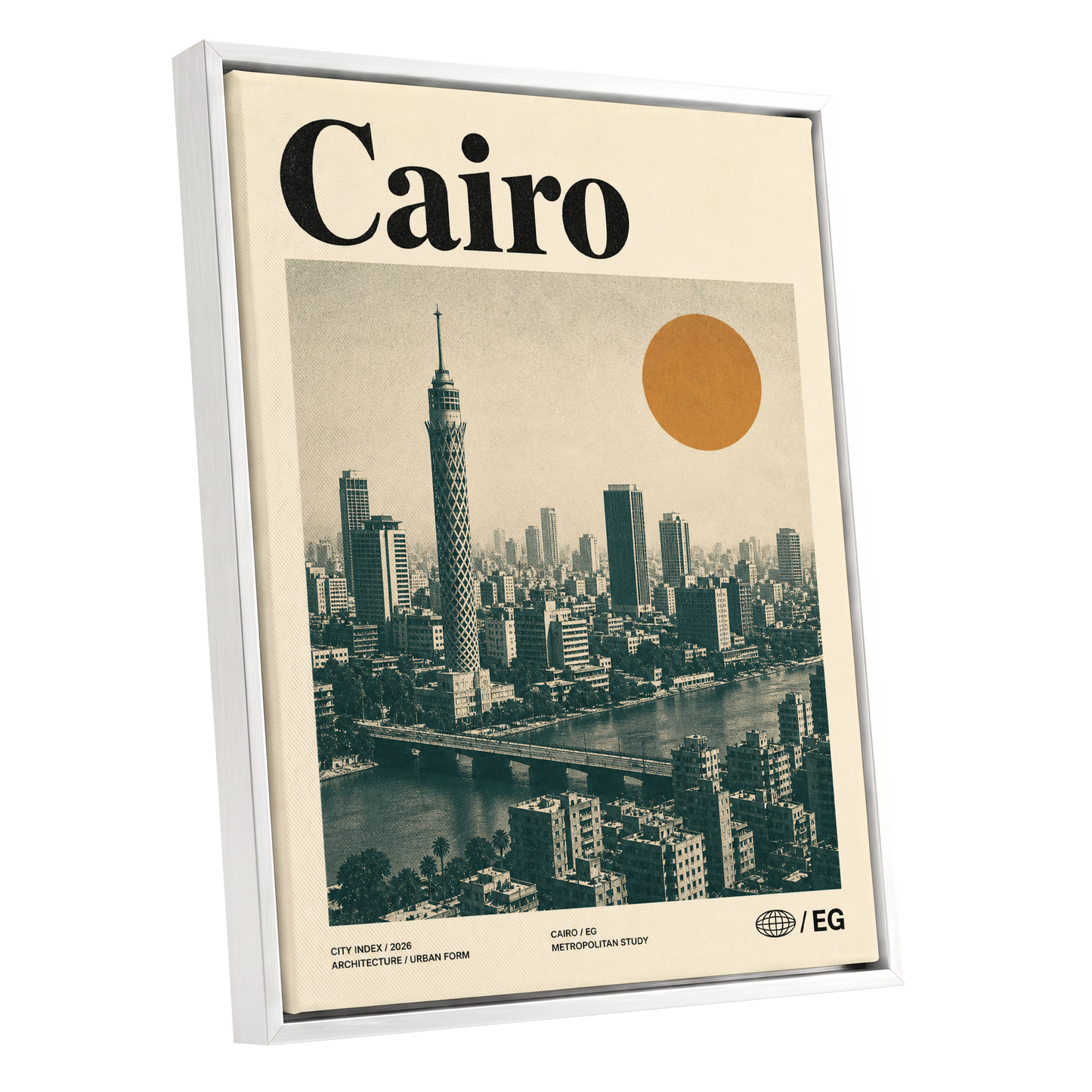Cairo Modernist Vista, beige, black, orange minimalist wall art shown as a white framed canvas wall art