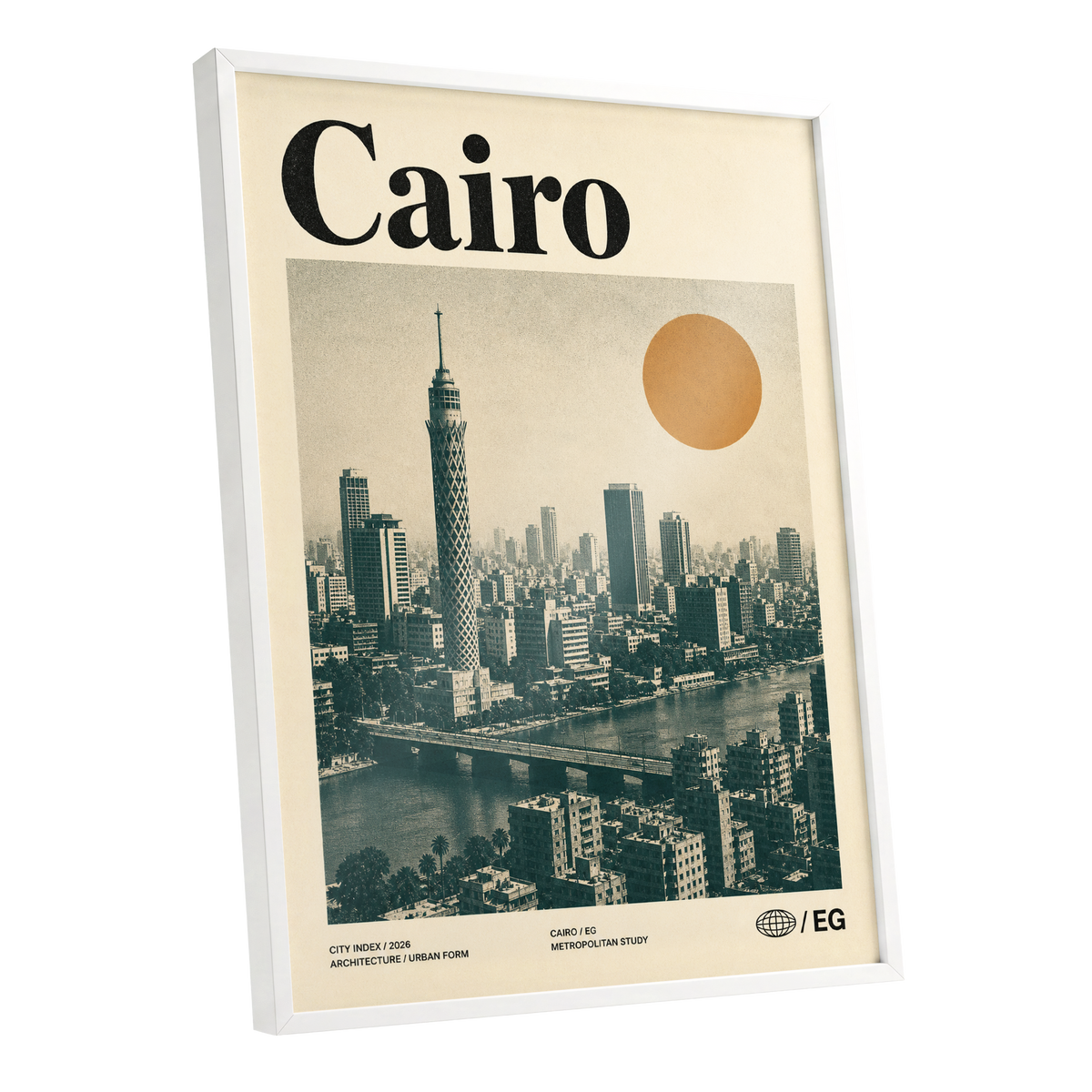 Cairo Modernist Vista, beige, black, orange minimalist wall art shown as a white framed poster wall art print