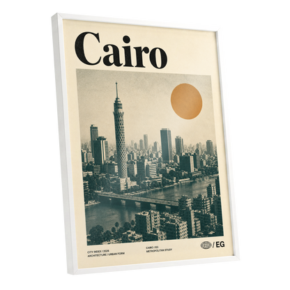 Cairo Modernist Vista, beige, black, orange minimalist wall art shown as a white framed poster wall art print
