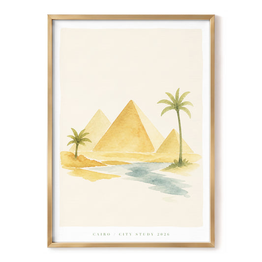 Cairo Oasis, beige, gold, green nature wall art, front artwork view