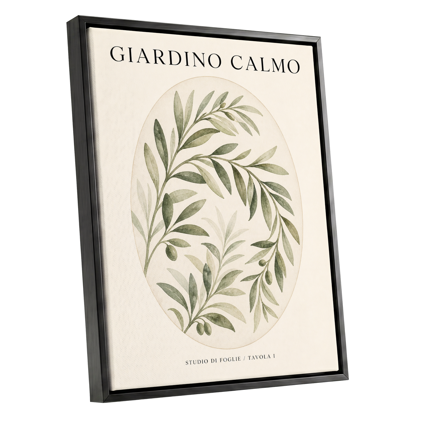 Calm Olive Garden, green, beige, black nature wall art shown as a black framed canvas wall art