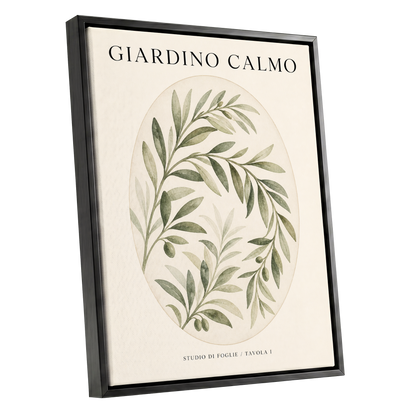 Calm Olive Garden, green, beige, black nature wall art shown as a black framed canvas wall art