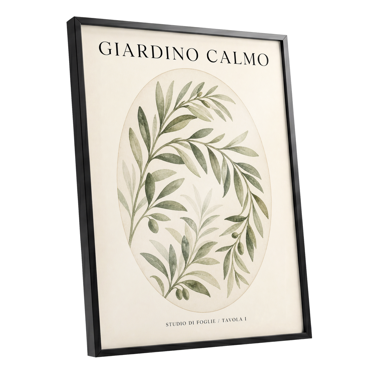 Calm Olive Garden, green, beige, black nature wall art shown as a black framed poster wall art print