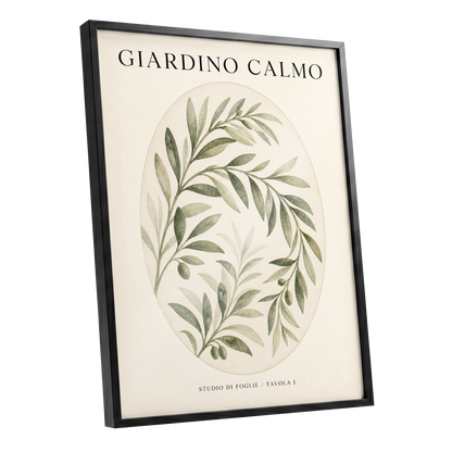 Calm Olive Garden, green, beige, black nature wall art shown as a black framed poster wall art print