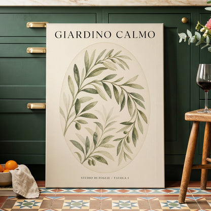 Calm Olive Garden, green, beige, black nature wall art on canvas displayed in a styled interior, gallery view 1