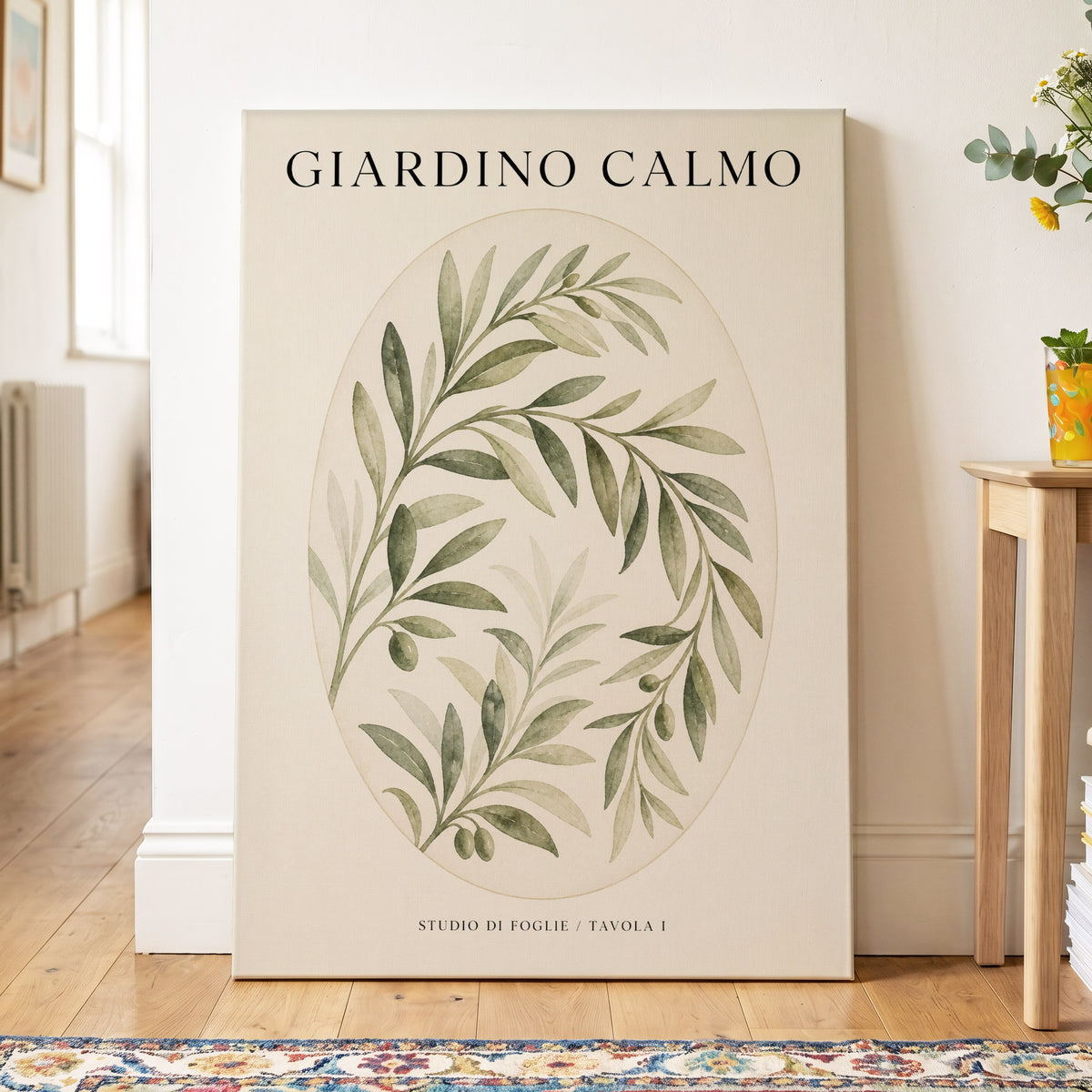 Calm Olive Garden, green, beige, black nature wall art on canvas displayed in a styled interior, gallery view 2
