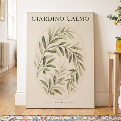 Calm Olive Garden, green, beige, black nature wall art on canvas displayed in a styled interior, gallery view 2