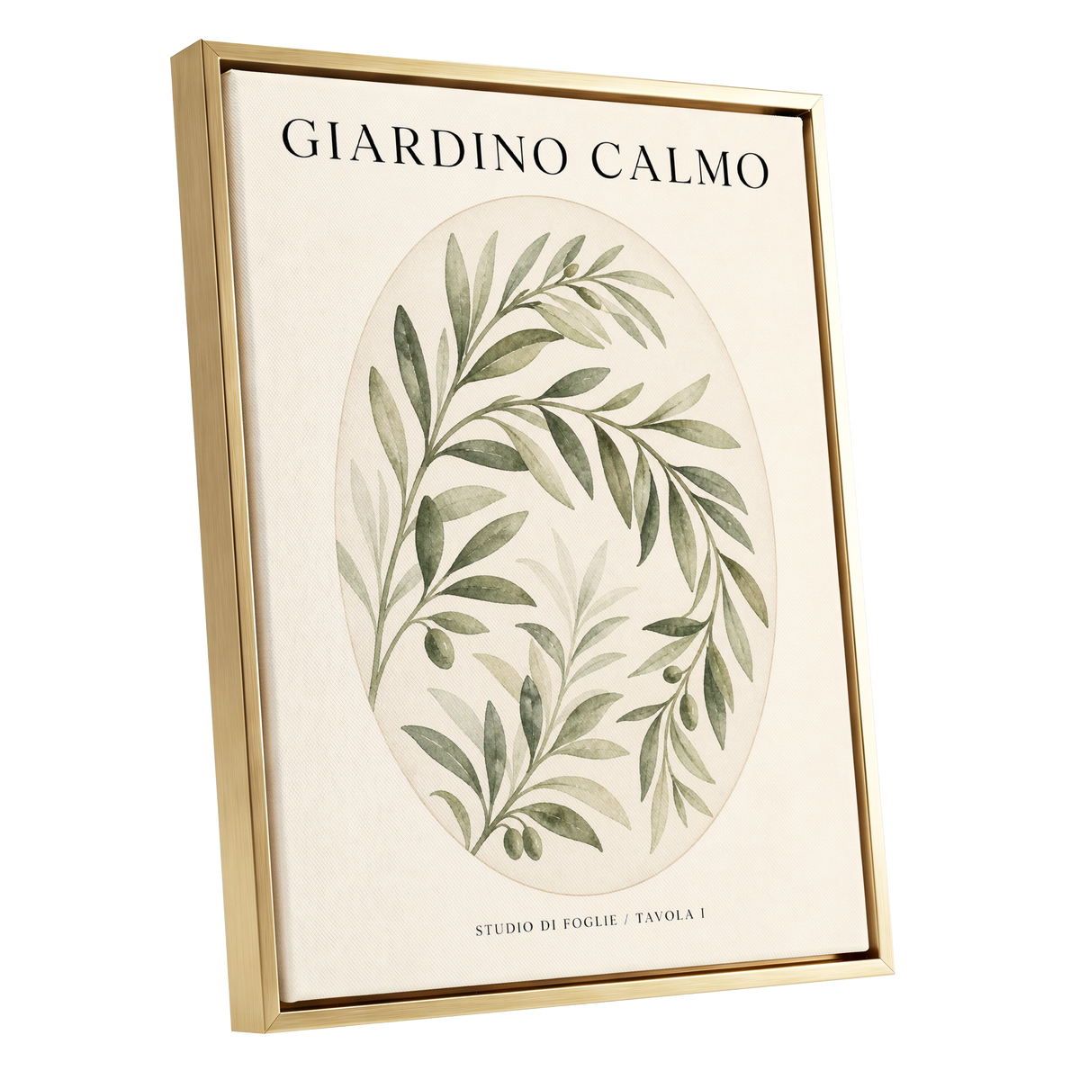 Calm Olive Garden, green, beige, black nature wall art shown as a gold framed canvas wall art