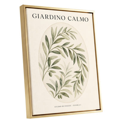 Calm Olive Garden, green, beige, black nature wall art shown as a gold framed canvas wall art
