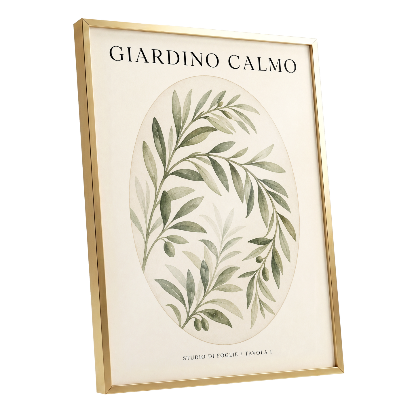 Calm Olive Garden, green, beige, black nature wall art shown as a gold framed poster wall art print
