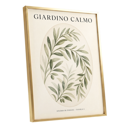 Calm Olive Garden, green, beige, black nature wall art shown as a gold framed poster wall art print