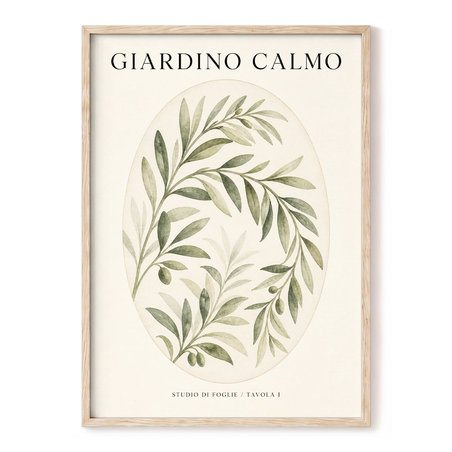 Calm Olive Garden, green, beige, black nature wall art, front artwork view
