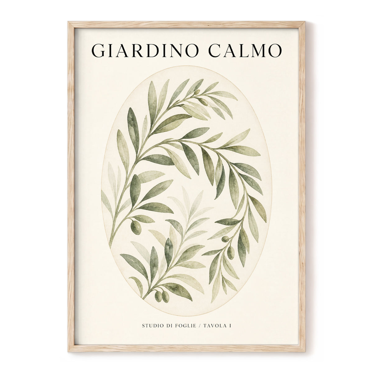 Calm Olive Garden, green, beige, black nature wall art, front artwork view