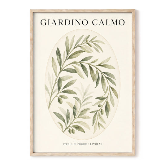 Calm Olive Garden, green, beige, black nature wall art, front artwork view