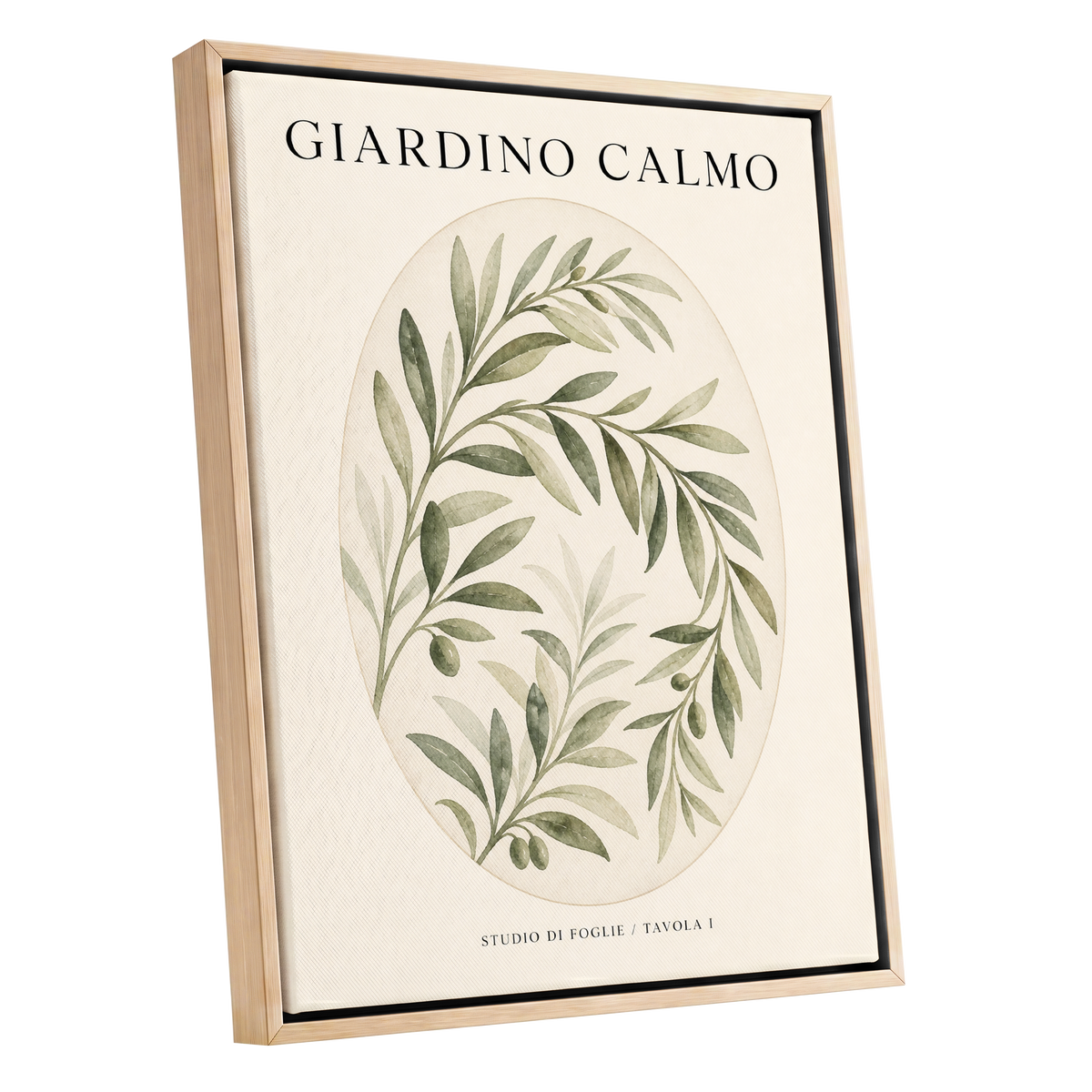 Calm Olive Garden, green, beige, black nature wall art shown as a oak framed canvas wall art