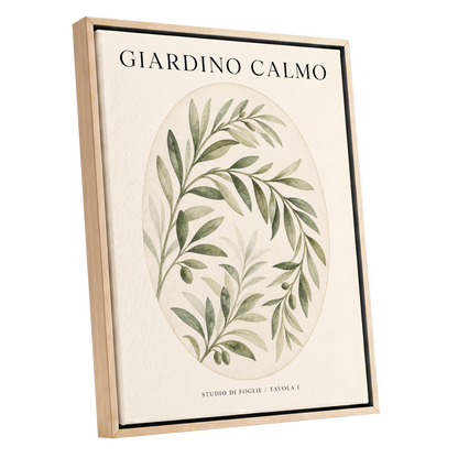 Calm Olive Garden, green, beige, black nature wall art shown as a oak framed canvas wall art