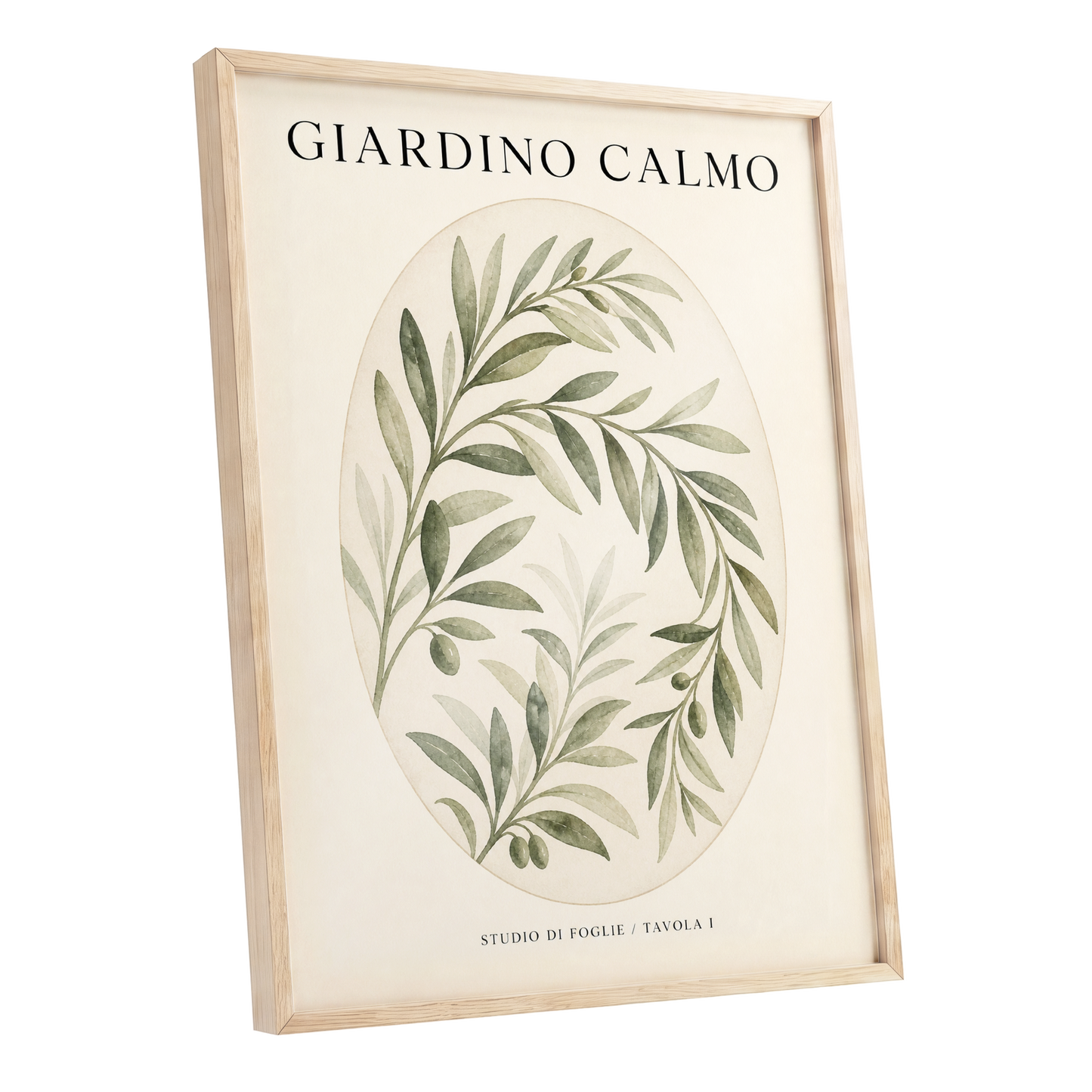Calm Olive Garden, green, beige, black nature wall art shown as a oak framed poster wall art print