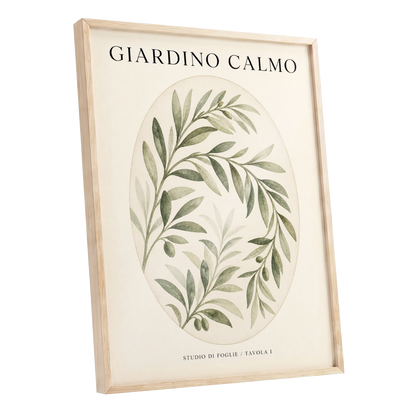 Calm Olive Garden, green, beige, black nature wall art shown as a oak framed poster wall art print