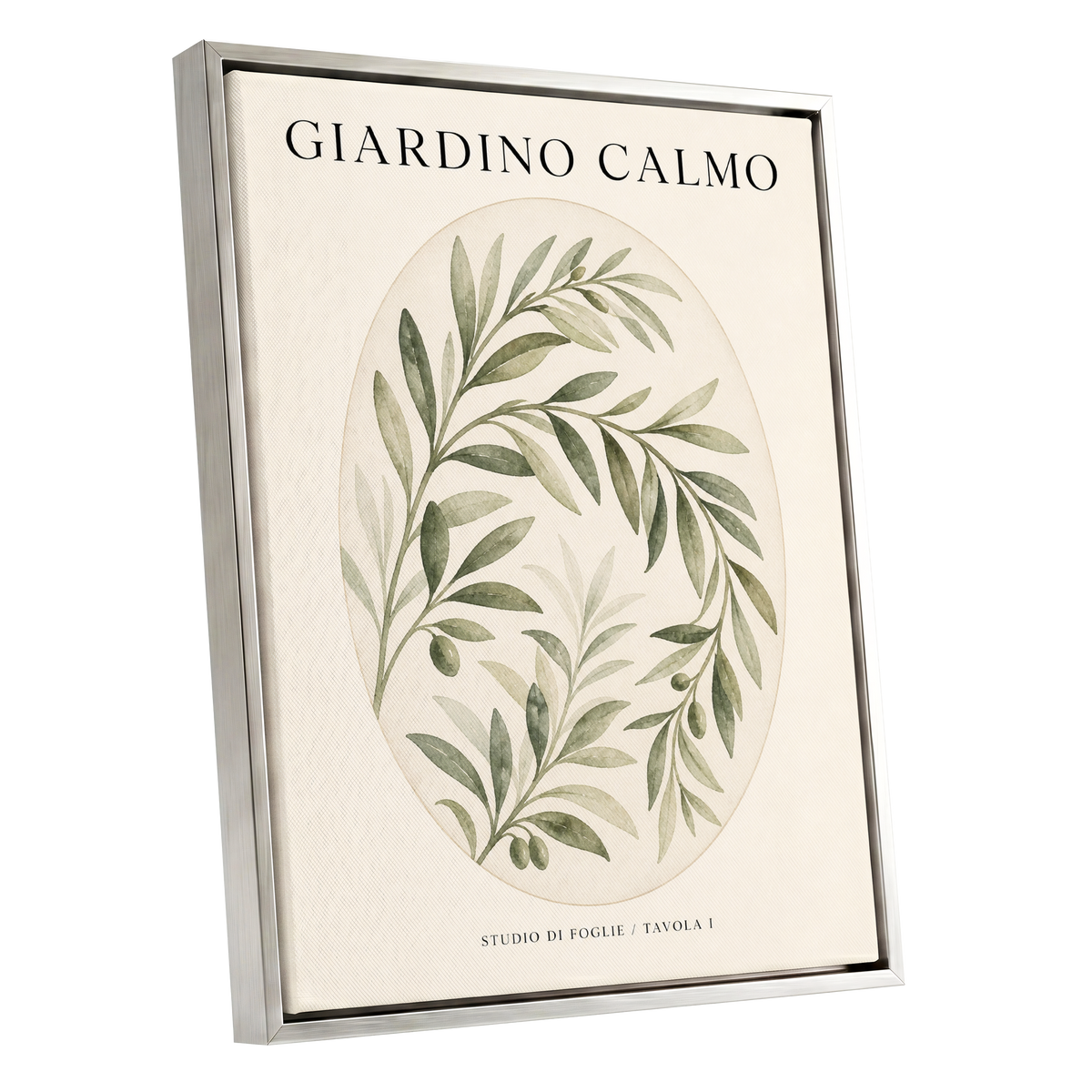 Calm Olive Garden, green, beige, black nature wall art shown as a silver framed canvas wall art