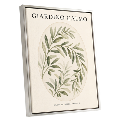 Calm Olive Garden, green, beige, black nature wall art shown as a silver framed canvas wall art