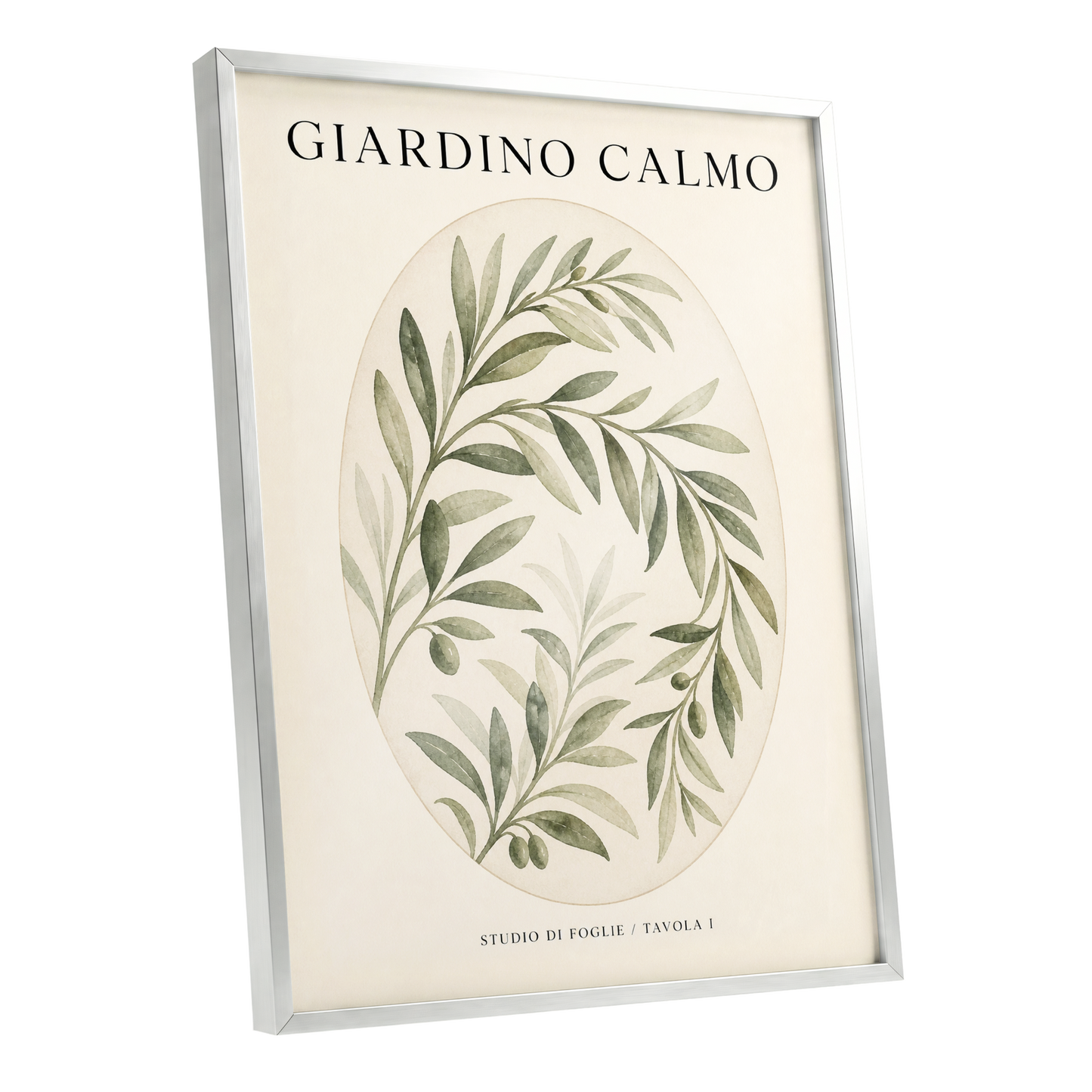 Calm Olive Garden, green, beige, black nature wall art shown as a silver framed poster wall art print