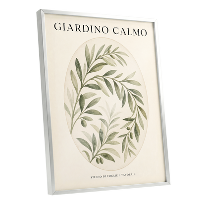 Calm Olive Garden, green, beige, black nature wall art shown as a silver framed poster wall art print