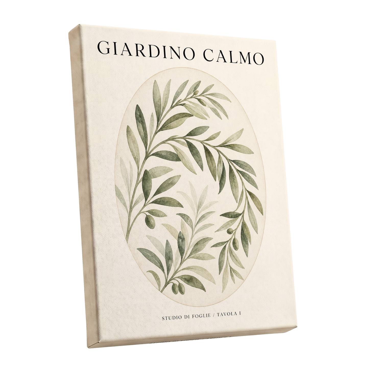 Calm Olive Garden, green, beige, black nature wall art shown as a stretched canvas wall art