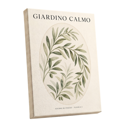 Calm Olive Garden, green, beige, black nature wall art shown as a stretched canvas wall art