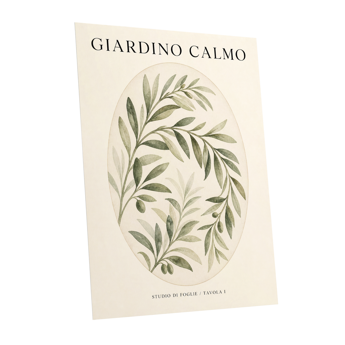 Calm Olive Garden, green, beige, black nature wall art shown as a unframed poster wall art print