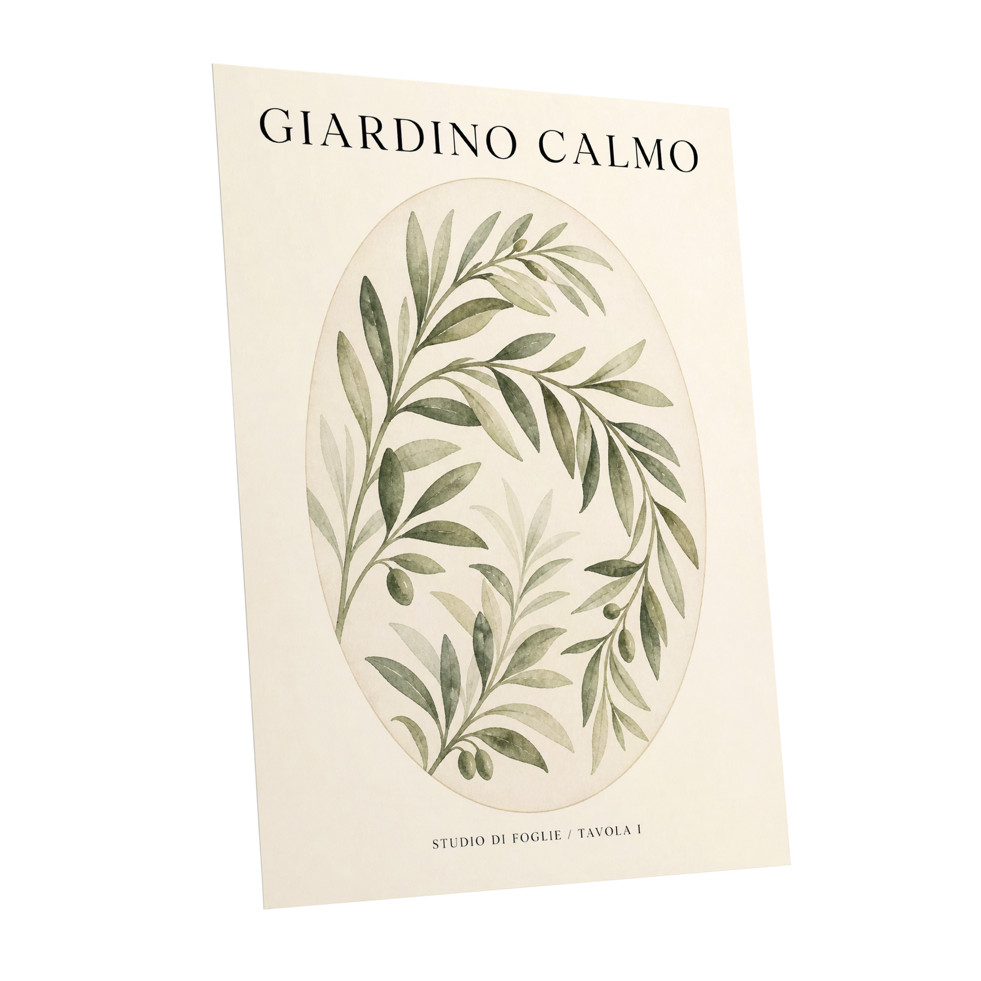Calm Olive Garden, green, beige, black nature wall art shown as a unframed poster wall art print