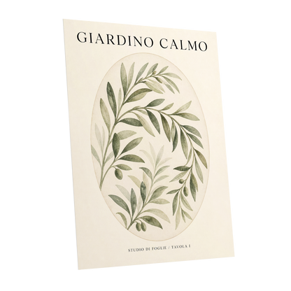Calm Olive Garden, green, beige, black nature wall art shown as a unframed poster wall art print