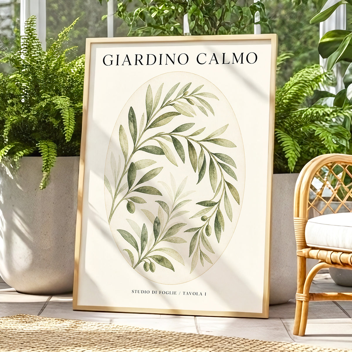 Calm Olive Garden, green, beige, black nature wall art displayed in a styled interior, gallery view 1