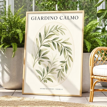 Calm Olive Garden, green, beige, black nature wall art displayed in a styled interior, gallery view 1