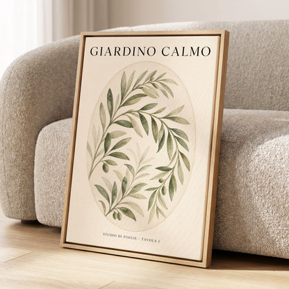 Calm Olive Garden, green, beige, black nature wall art displayed in a styled interior, gallery view 2