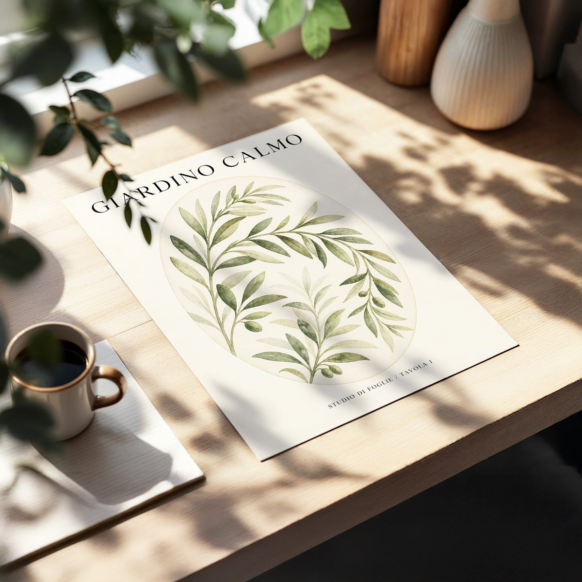 Calm Olive Garden, green, beige, black nature wall art displayed in a styled interior, gallery view 3
