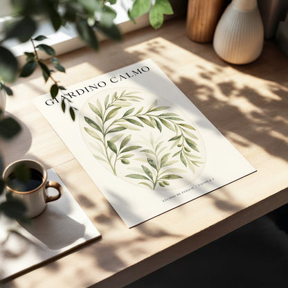 Calm Olive Garden, green, beige, black nature wall art displayed in a styled interior, gallery view 3