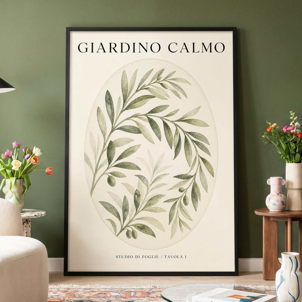 Calm Olive Garden, green, beige, black nature wall art displayed in a styled interior, gallery view 4