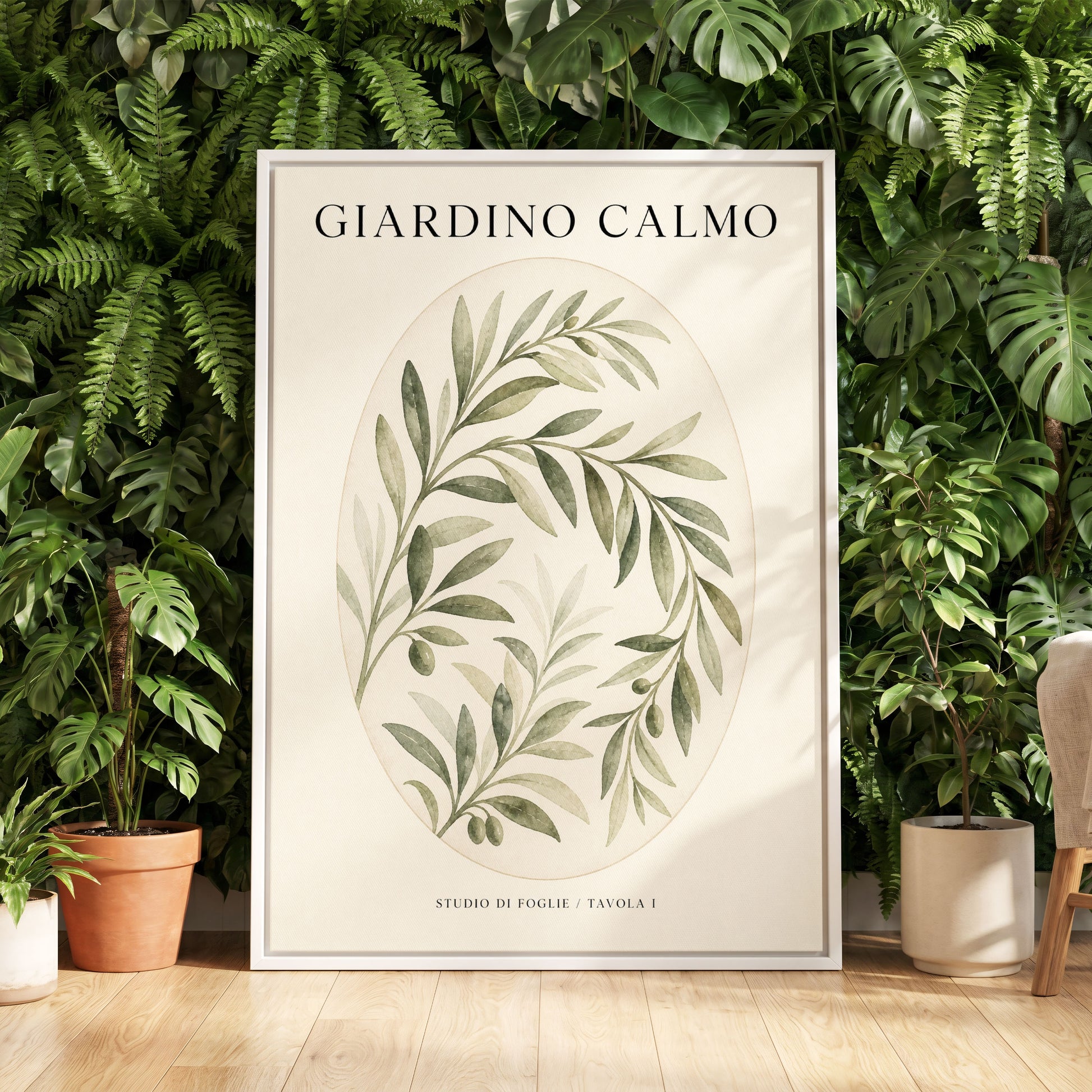 Calm Olive Garden, green, beige, black nature wall art displayed in a styled interior, gallery view 5