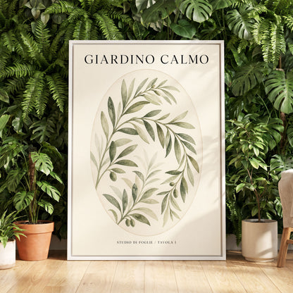 Calm Olive Garden, green, beige, black nature wall art displayed in a styled interior, gallery view 5