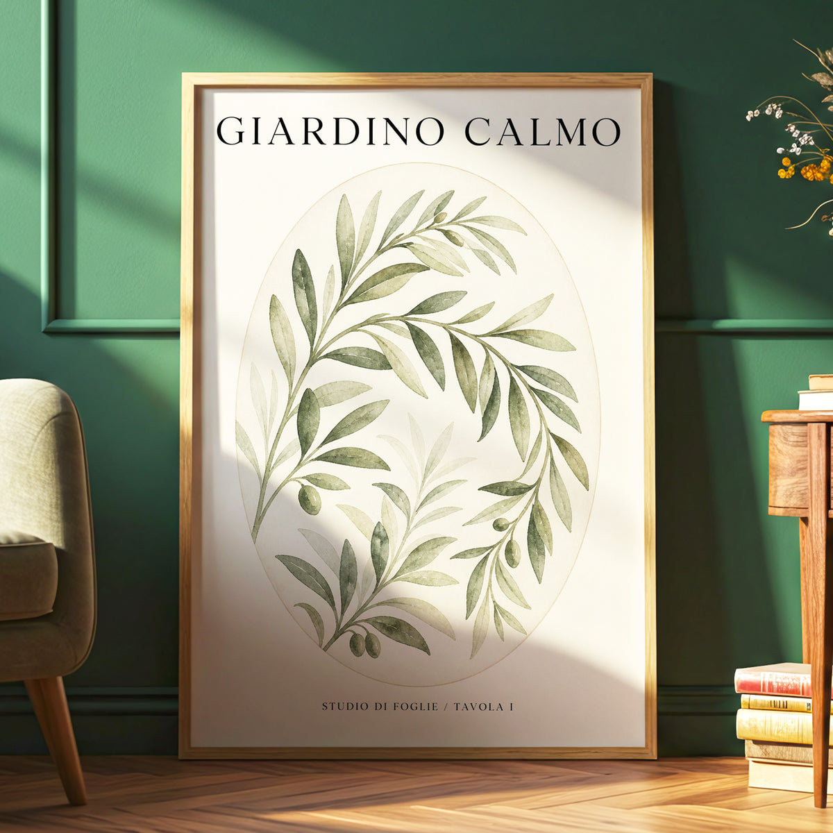 Calm Olive Garden, green, beige, black nature wall art displayed in a styled interior, gallery view 6