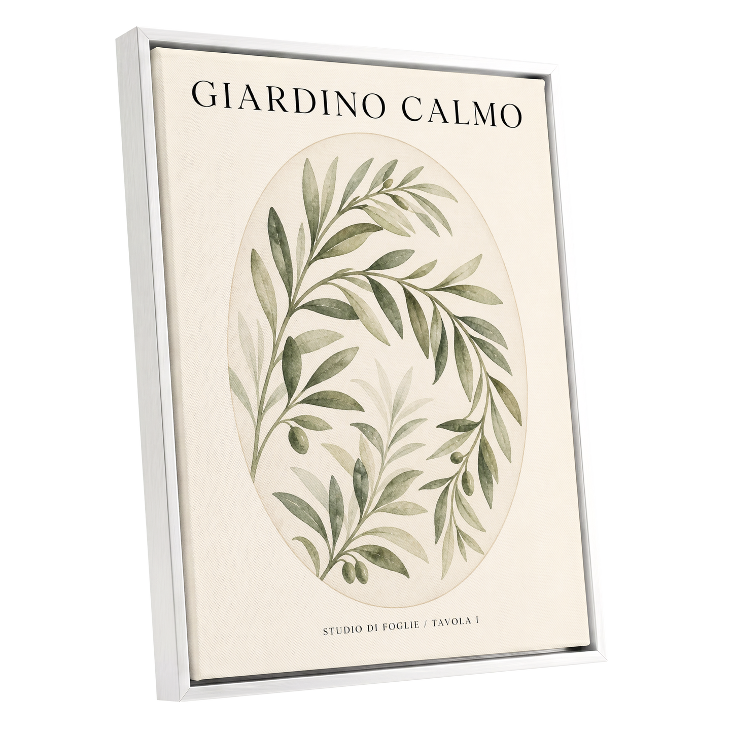 Calm Olive Garden, green, beige, black nature wall art shown as a white framed canvas wall art