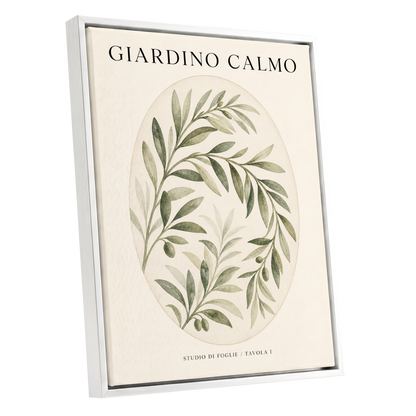 Calm Olive Garden, green, beige, black nature wall art shown as a white framed canvas wall art