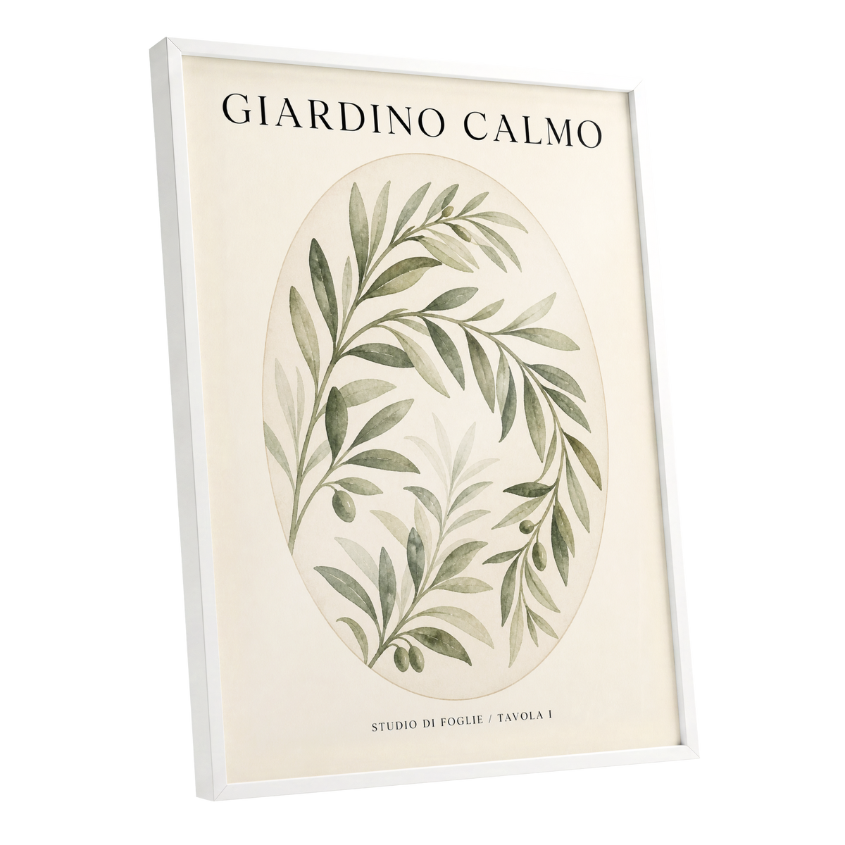 Calm Olive Garden, green, beige, black nature wall art shown as a white framed poster wall art print